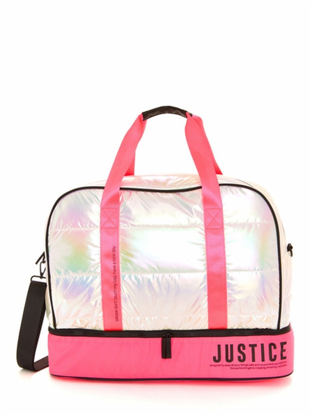 Justice Girls' Weekender Duffel Handbag Shoulder Tote Shiny Puffer Pink White